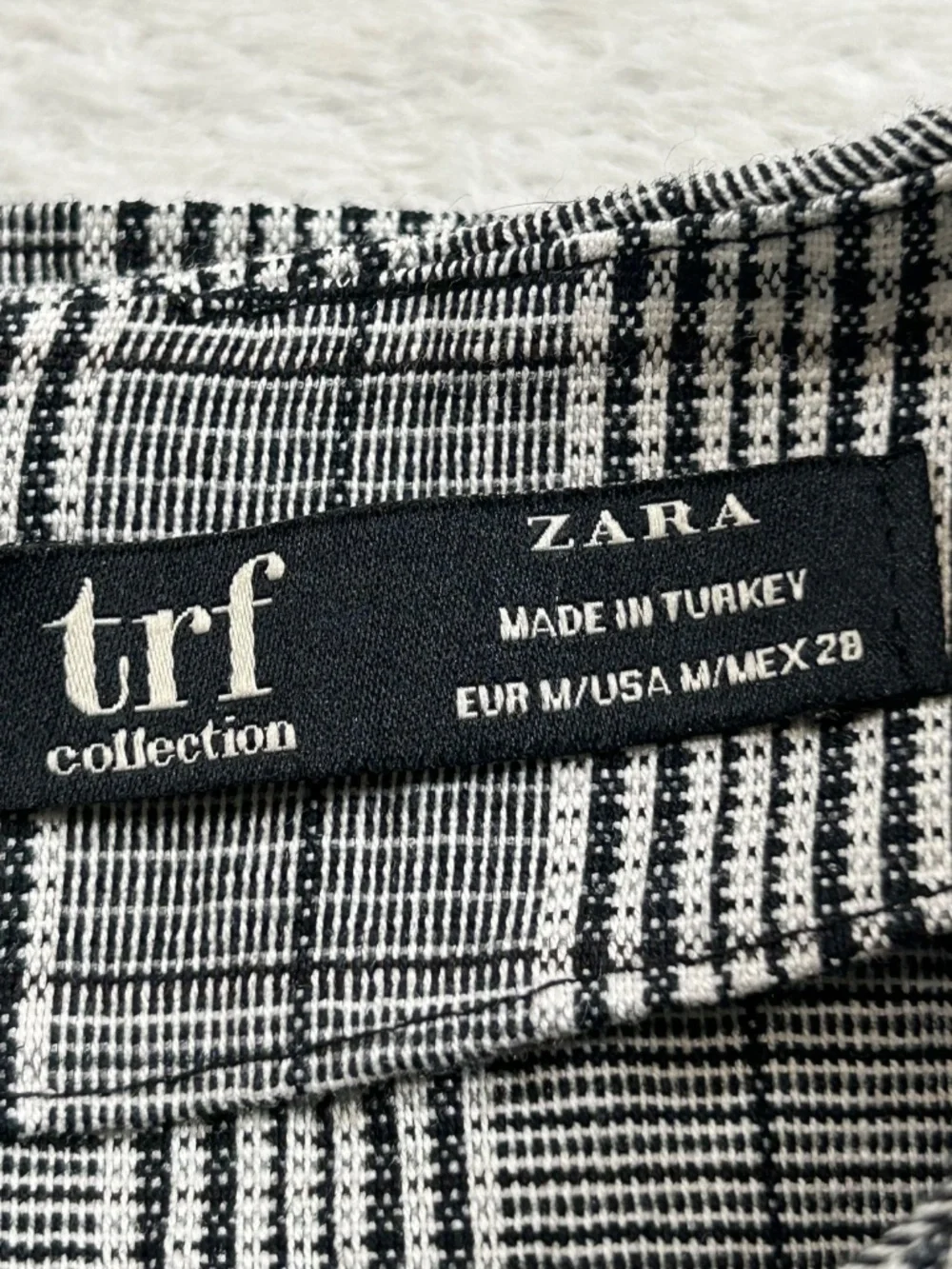Zara TRF Plaid Balloon Sleeve Belted Blouse Top Black White Zipper Back Sz M